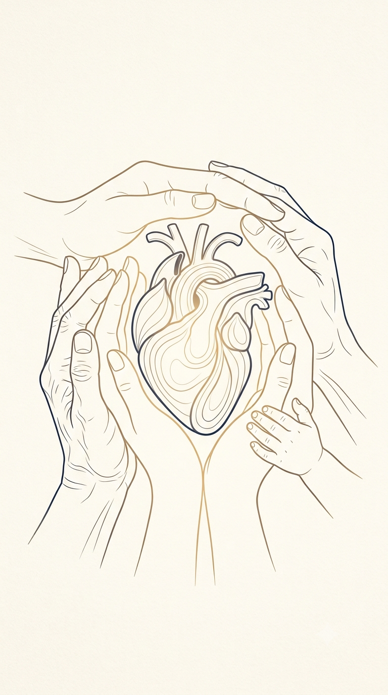 Ilustración de un corazón rodeado de manos de distintas generaciones, representando el cuidado integral de Ámbita
